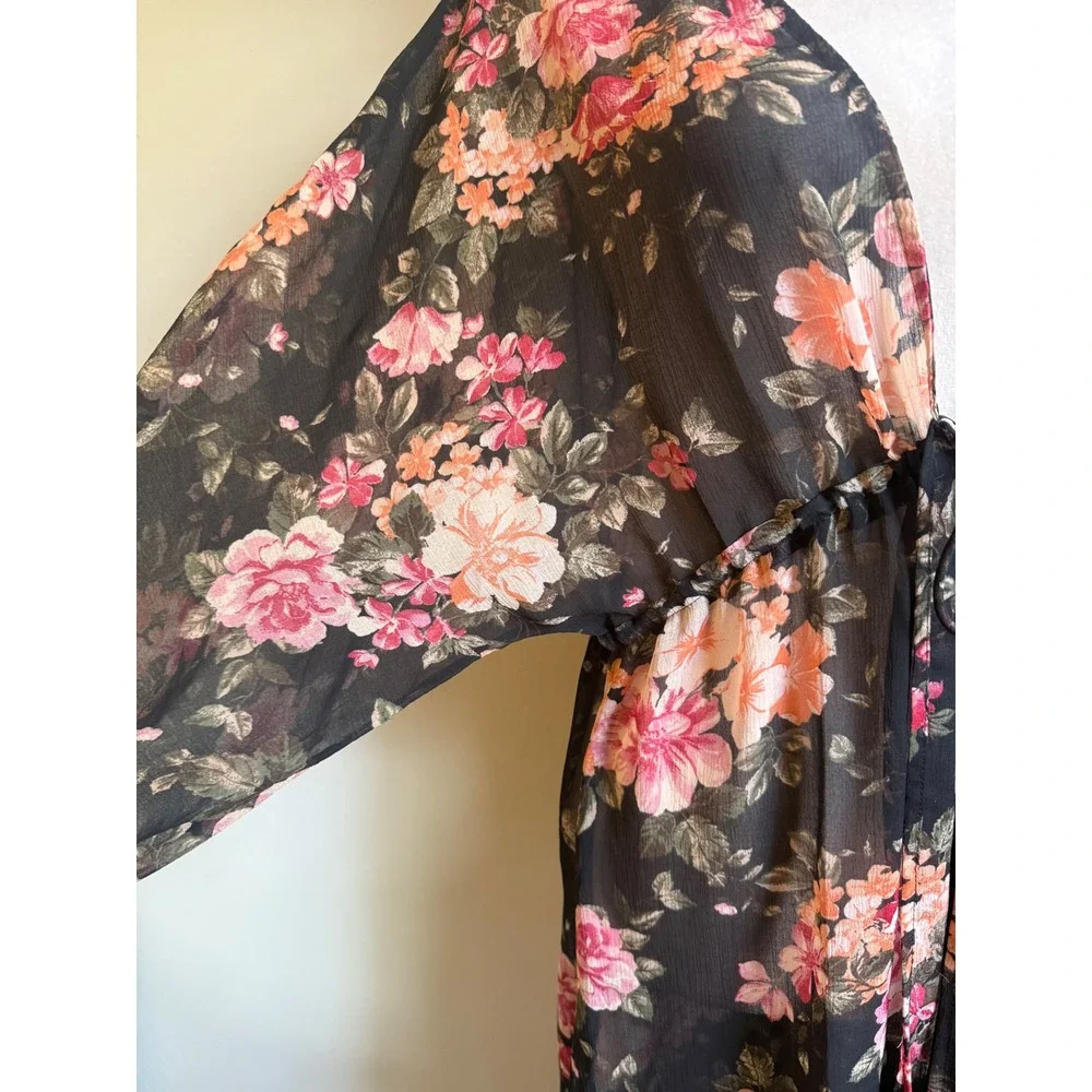 AmericanEagle Floral Kimono Duster Black Pink Sheer whimsigoth Coverup XS S boho